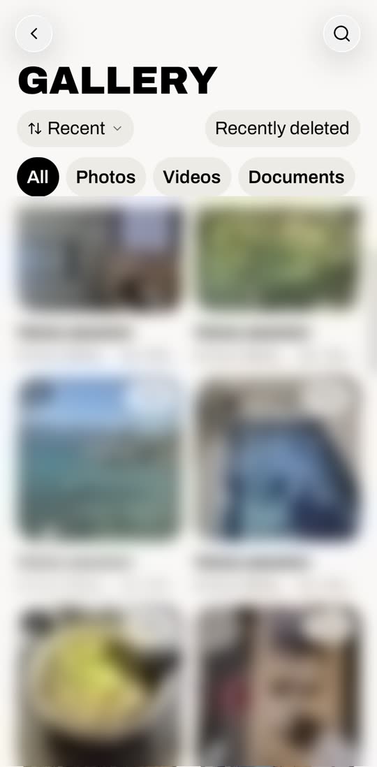 Gallery grid pinched from two to four columns, thumbnails blurred for privacy