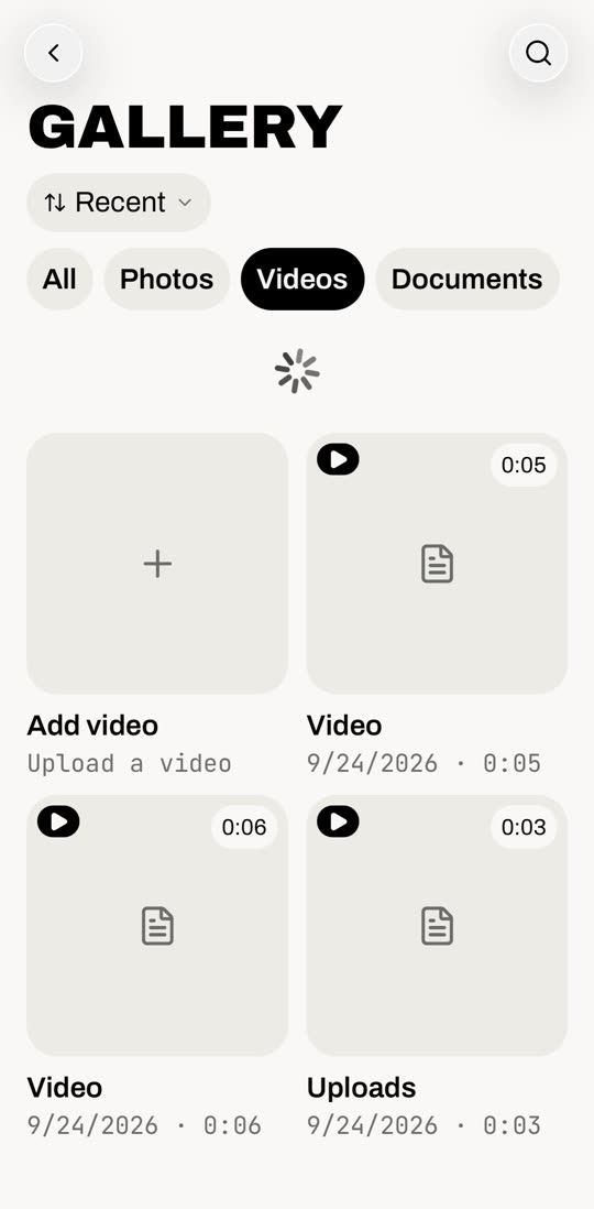 Gallery Videos tab with the Add video tile first