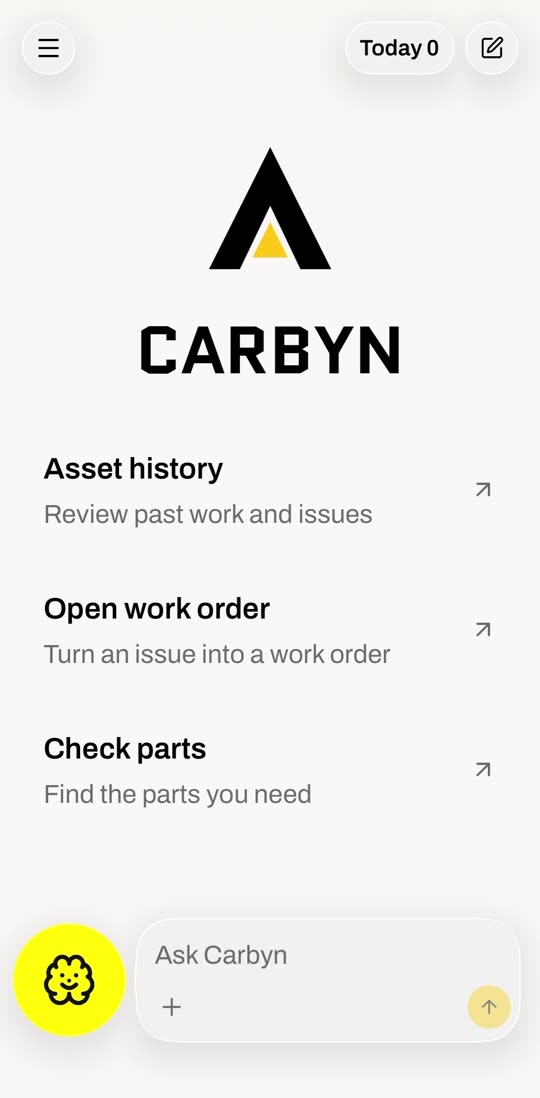 Carbyn home screen with the Ask Carbyn composer and three shortcuts