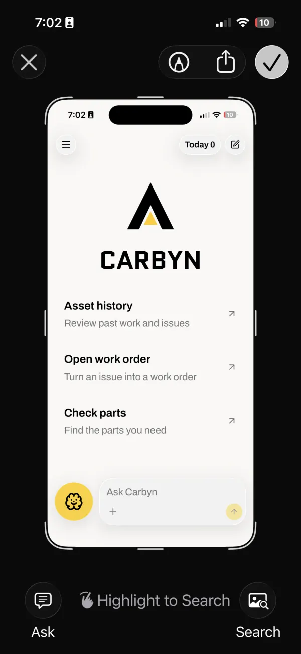 Screenshot preview of the Carbyn home screen with the check mark button at top right