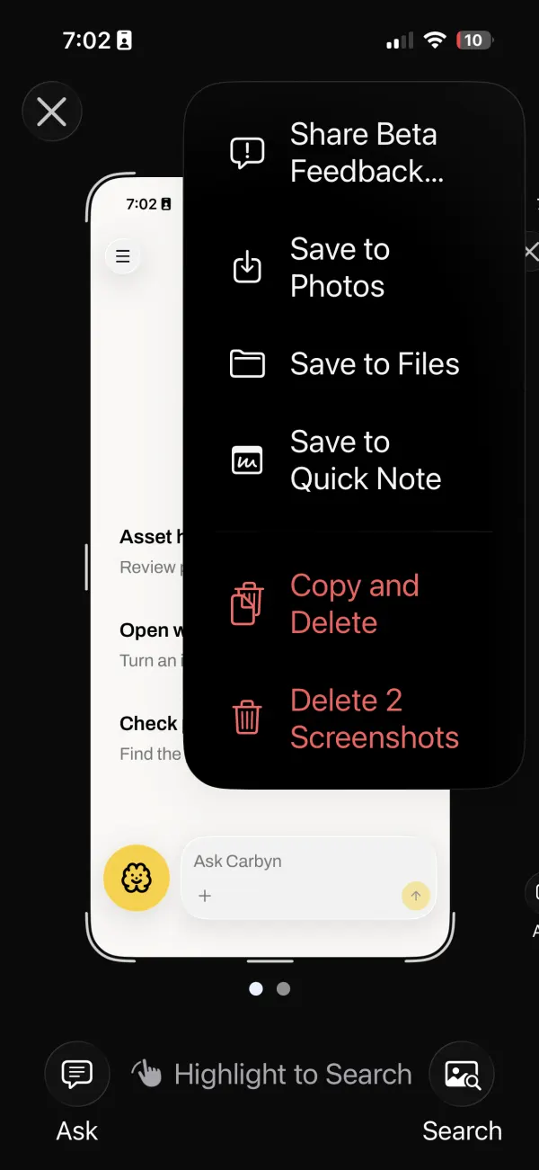 Screenshot menu with Share Beta Feedback at the top