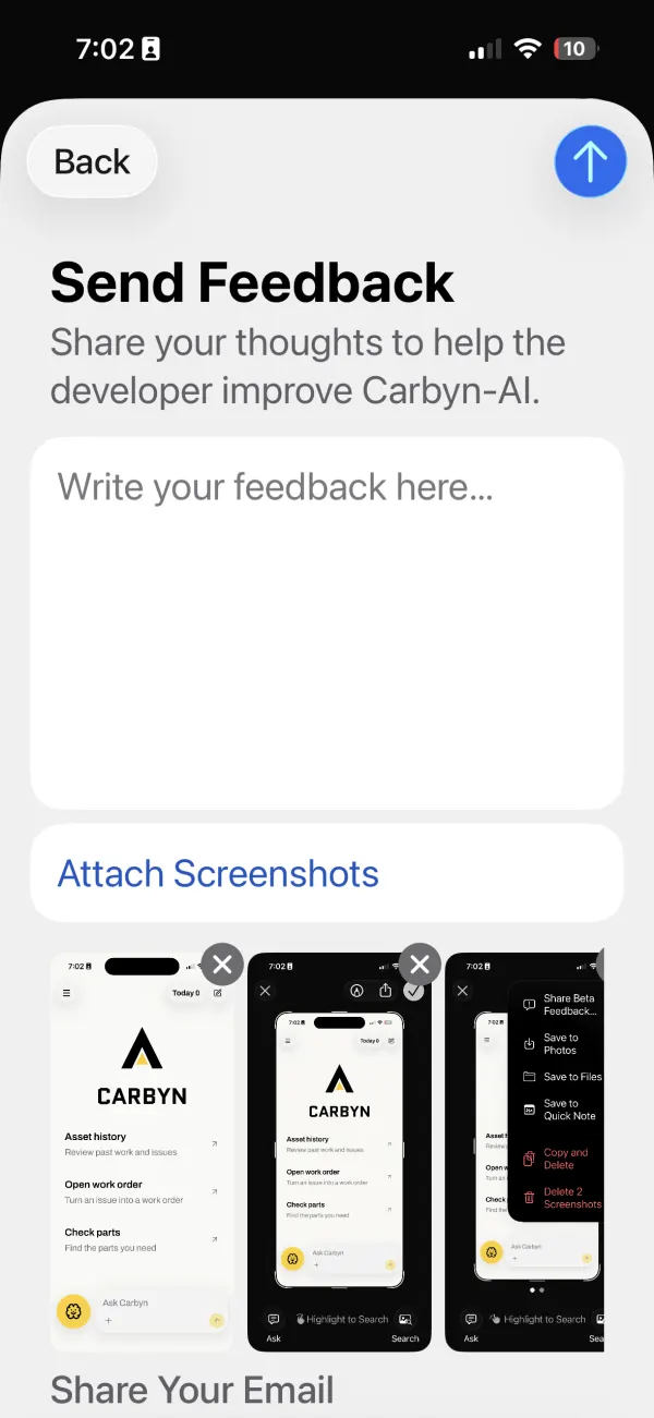 TestFlight Send Feedback form for Carbyn with attached screenshots and a send arrow